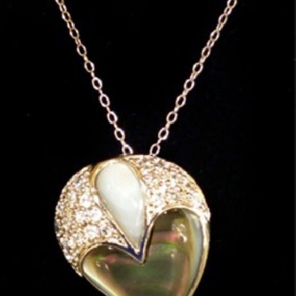 925 STERLING MOTHER OF PEARL PAVE SET CRYSTAL HEART SHAPED PENDANT NECKLACE  18" - Picture 6 of 7